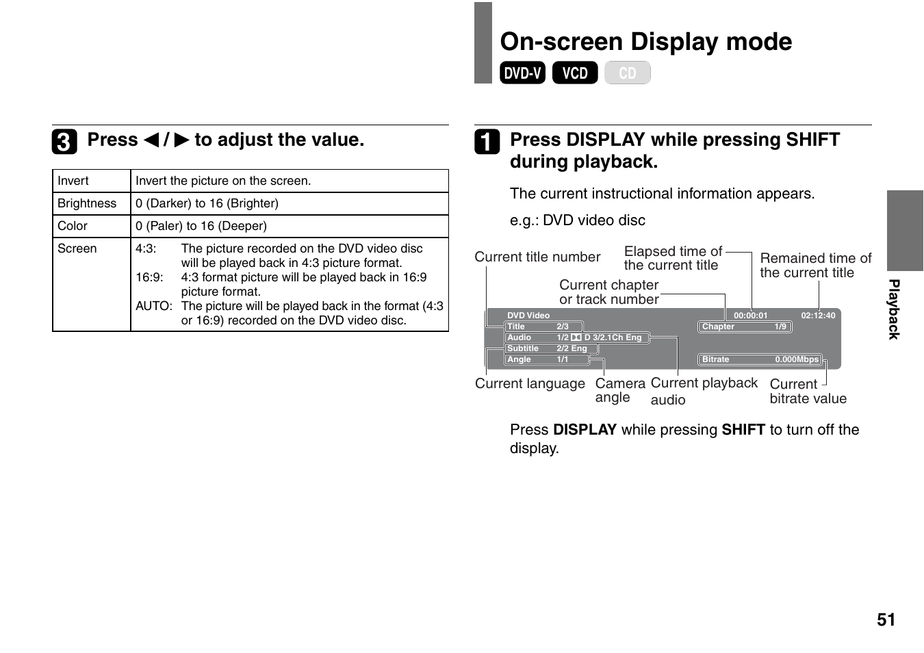 On-screen display mode, Press display while pressing shift during playback, Press / to adjust the value | Toshiba SD-P1707SR User Manual | Page 51 / 76