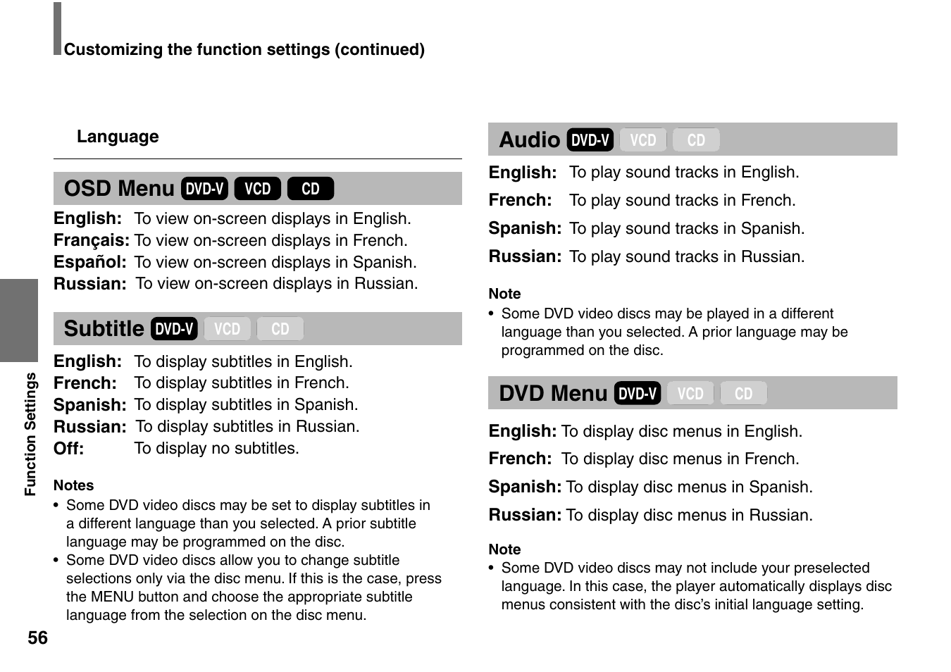 Osd menu, Subtitle, Audio | Dvd menu | Toshiba SD-P1707SR User Manual | Page 56 / 76