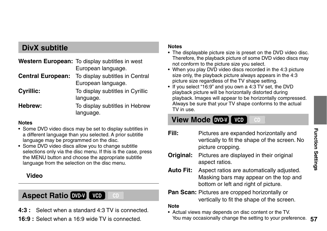 Divx subtitle, Aspect ratio, View mode | Toshiba SD-P1707SR User Manual | Page 57 / 76