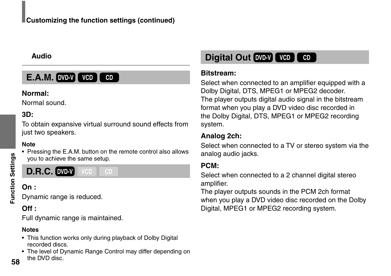 E.a.m, D.r.c, Digital out | Toshiba SD-P1707SR User Manual | Page 58 / 76