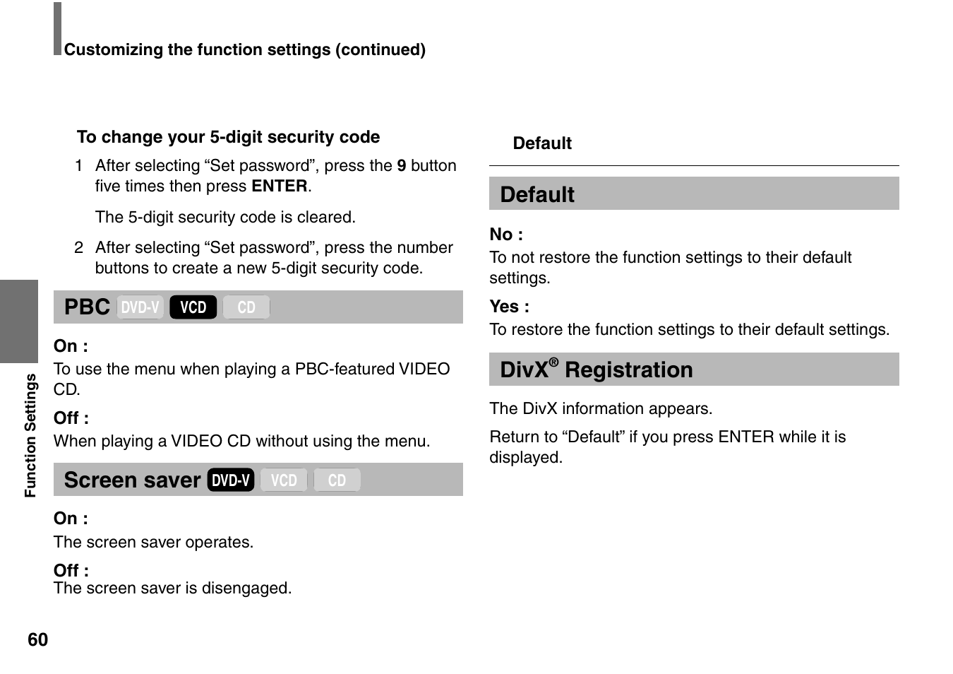 Screen saver, Default, Divx | Registration | Toshiba SD-P1707SR User Manual | Page 60 / 76