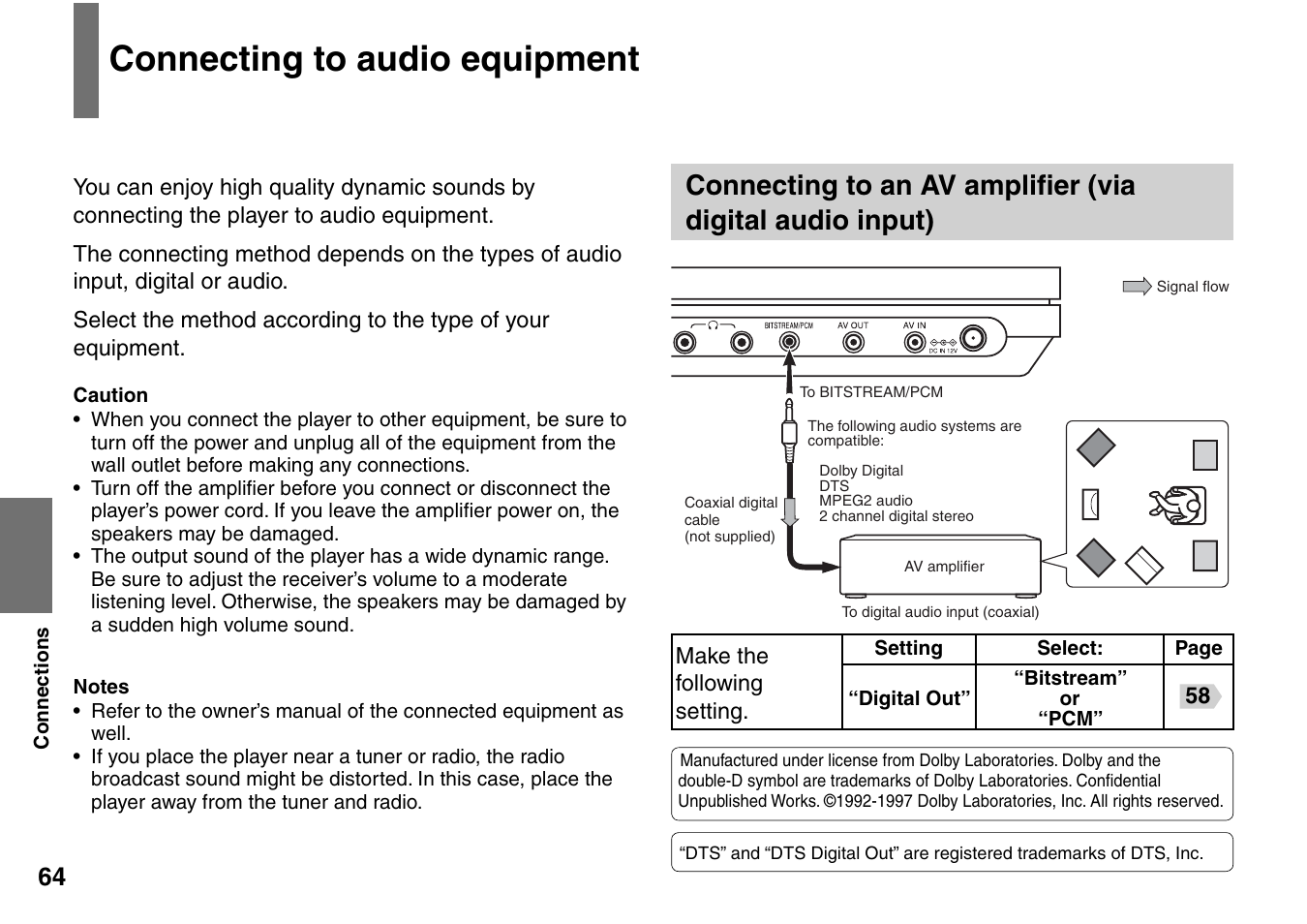 Connecting to audio equipment | Toshiba SD-P1707SR User Manual | Page 64 / 76