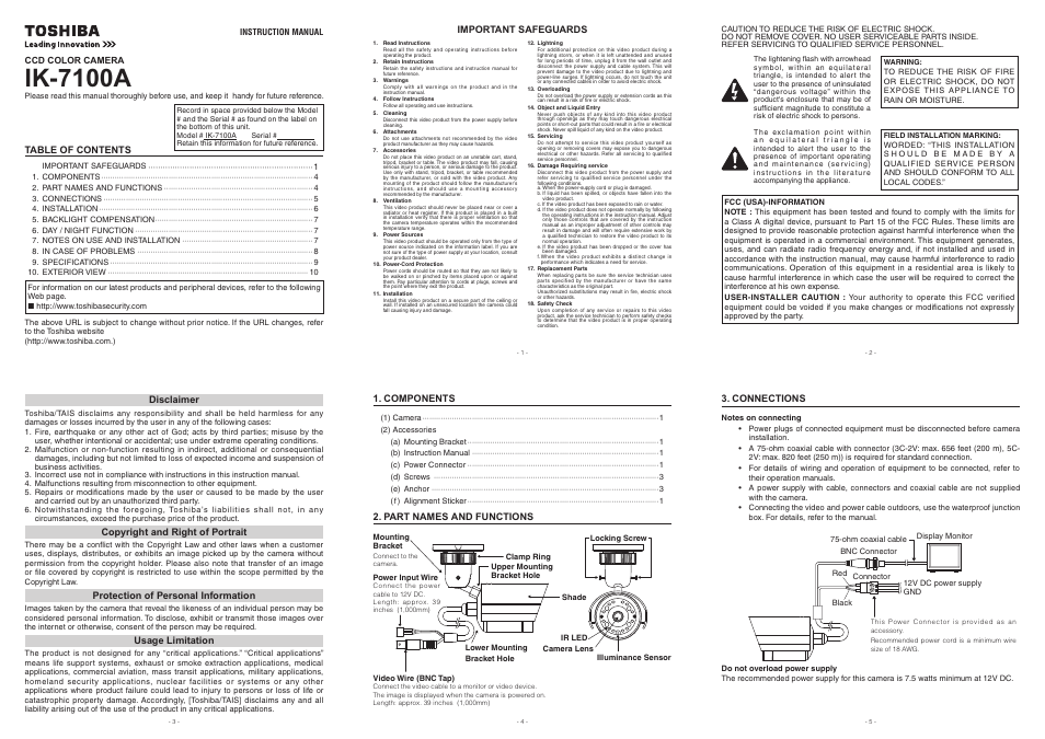 Toshiba IK-7100A User Manual | 2 pages