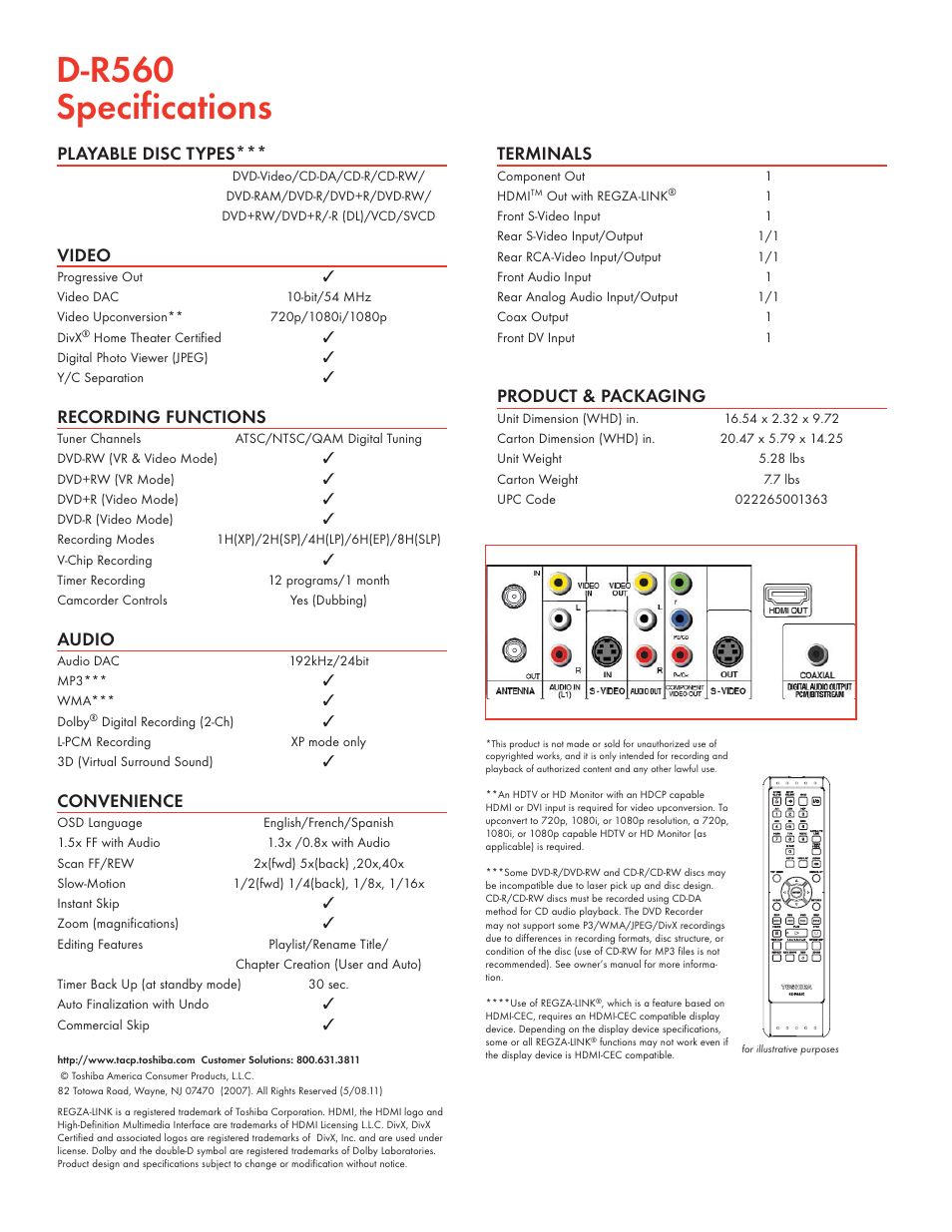 D-r560 specifications, Playable disc types, Video | Recording functions, Audio, Convenience, Terminals, Product & packaging | Toshiba D-R560 User Manual | Page 2 / 2