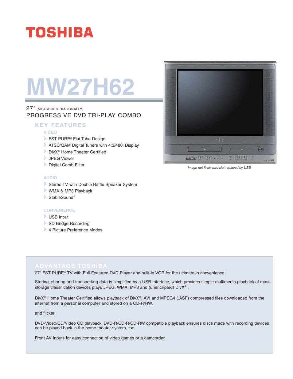 Toshiba MW27H62 User Manual | 2 pages