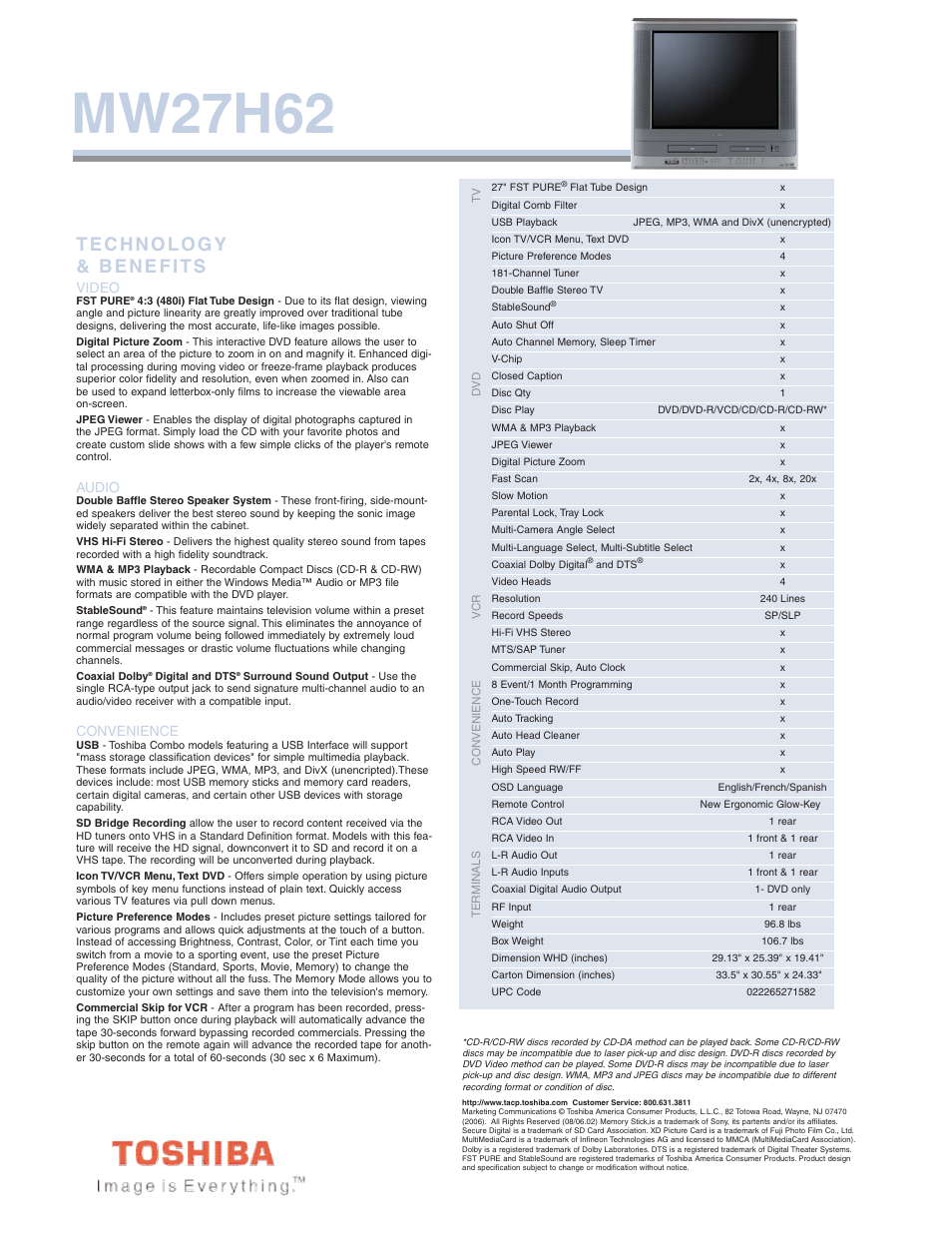 Mw27h62, Video, Audio | Convenience | Toshiba MW27H62 User Manual | Page 2 / 2