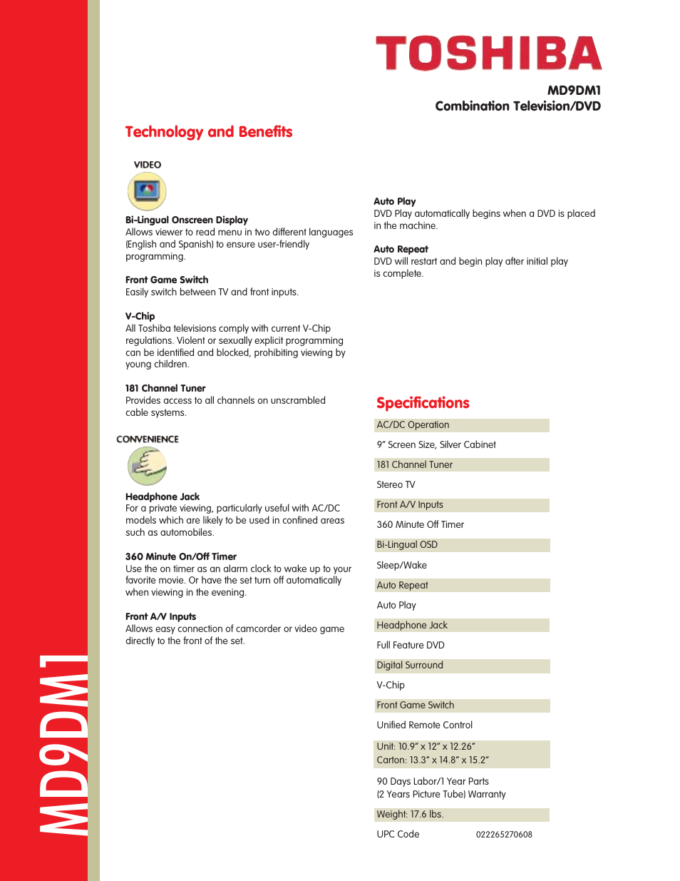 Md9dm1, Technology and benefits, Specifications | Toshiba MD 9DM1 User Manual | Page 2 / 2