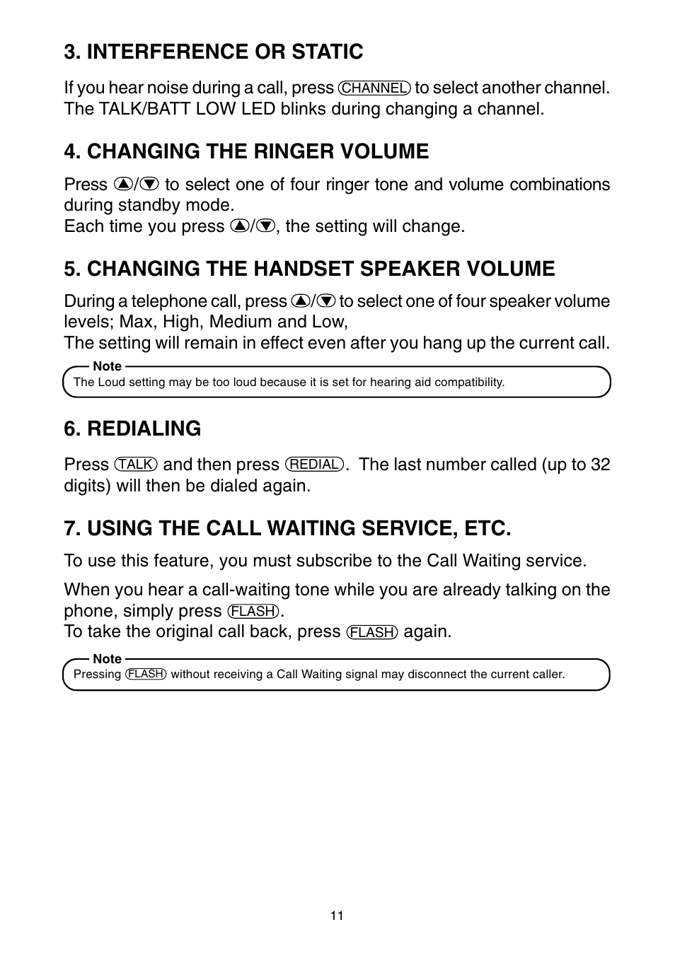 Interference or static, Changing the ringer volume, Changing the handset speaker volume | Redialing, Using the call waiting service, etc | Toshiba SG-1701 User Manual | Page 12 / 20