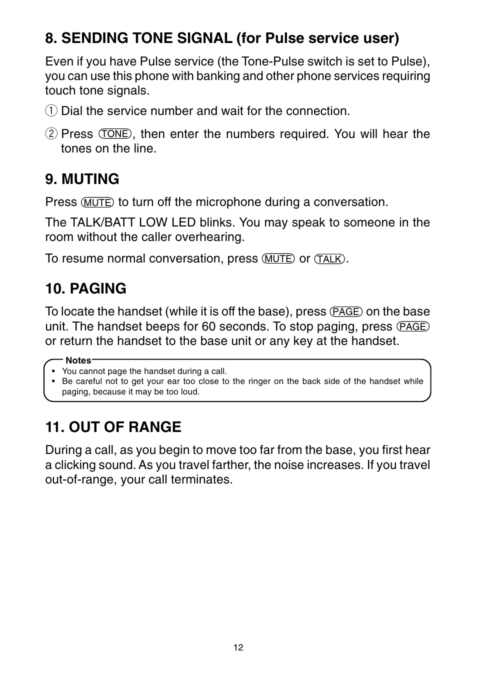 Muting / paging, Sending tone signal (for pulse service user), Muting | Paging, Out of range | Toshiba SG-1701 User Manual | Page 13 / 20