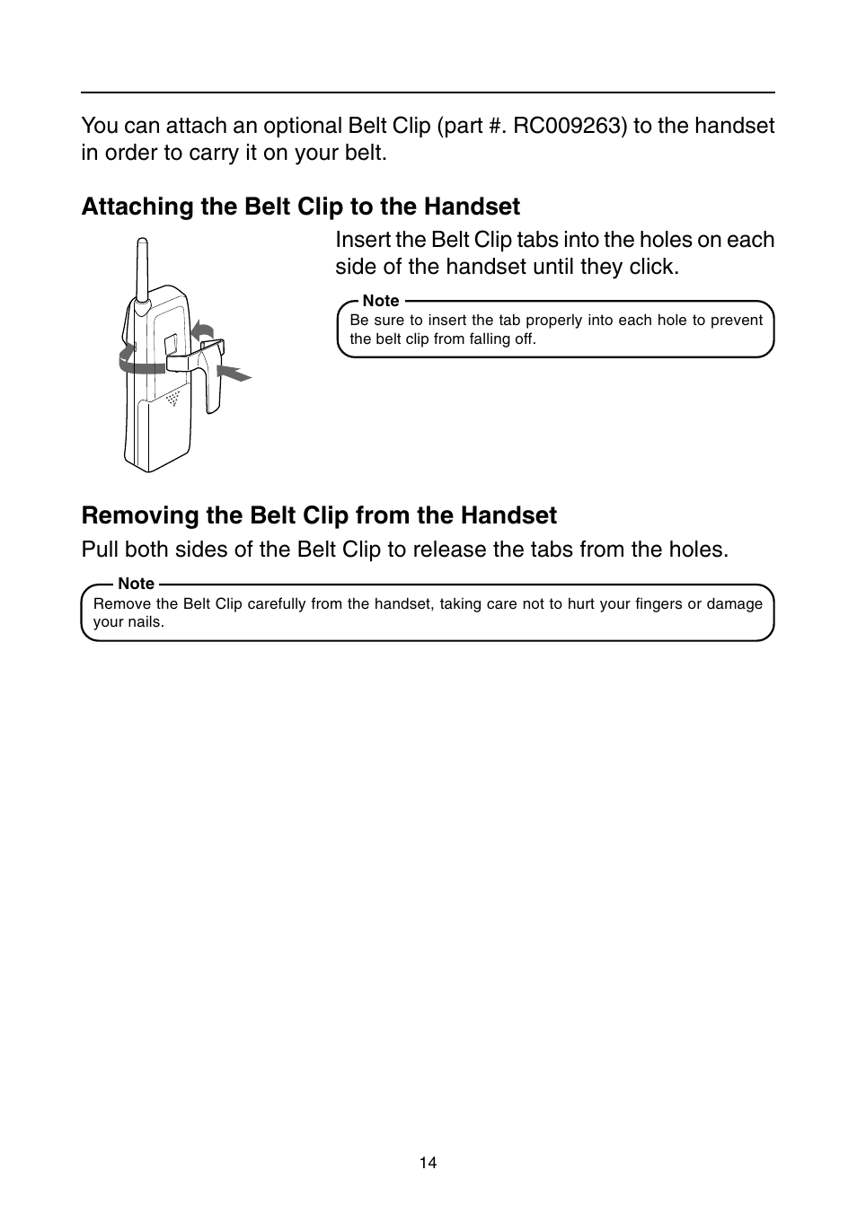 Using a belt clip, Using a belt clip (option), Attaching the belt clip to the handset | Removing the belt clip from the handset | Toshiba SG-1701 User Manual | Page 15 / 20