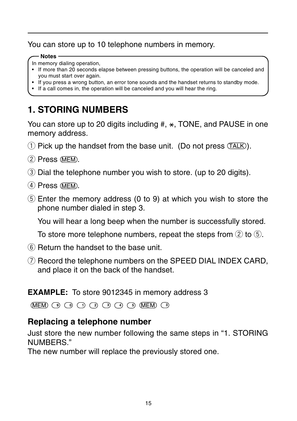 Memory dialing, Storing numbers, Replacing a telephone number | W press | Toshiba SG-1701 User Manual | Page 16 / 20