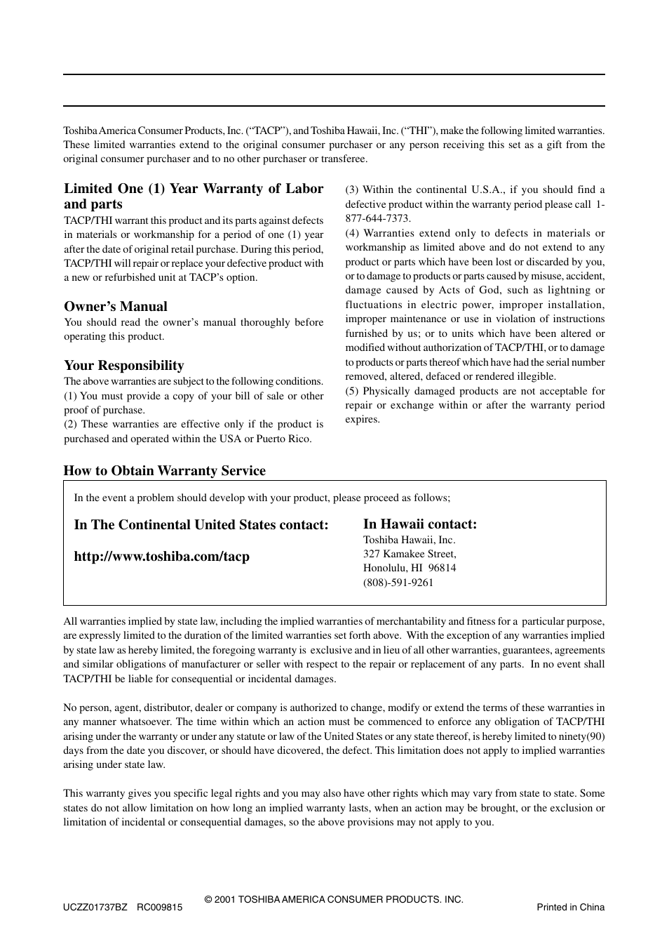 Warranty / service, Warranty/service | Toshiba SG-1701 User Manual | Page 20 / 20