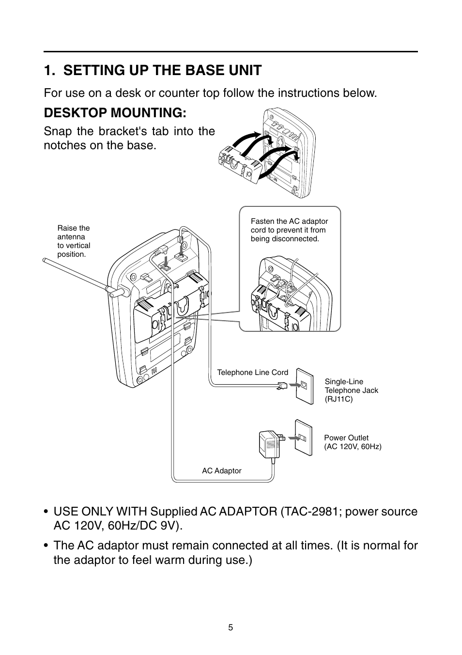 Installation, Setting up the base unit, Desktop mounting | Toshiba SG-1701 User Manual | Page 6 / 20
