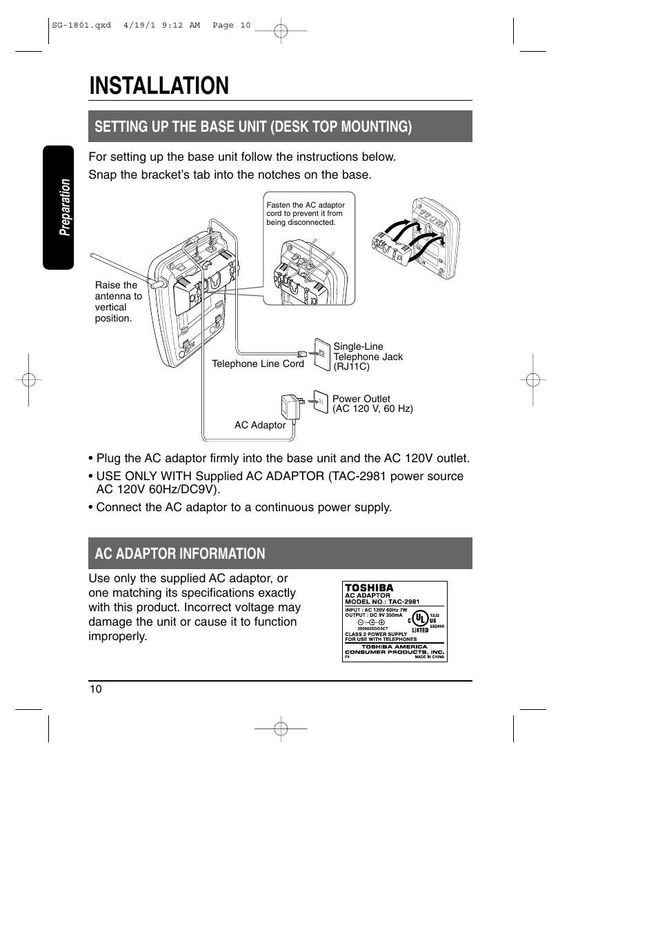 Installation, Setting up the base unit / ad adaptor, Setting up the base unit (desk top mounting) | Ac adaptor information | Toshiba SG-1801 User Manual | Page 10 / 42