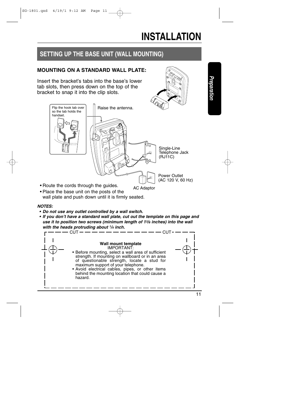 Installation, Setting up the base unit (wall mounting), Preparation | Toshiba SG-1801 User Manual | Page 11 / 42