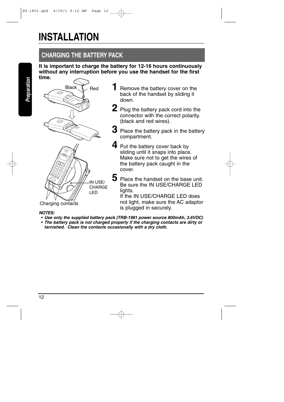 Charging the battery pack, Installation | Toshiba SG-1801 User Manual | Page 12 / 42