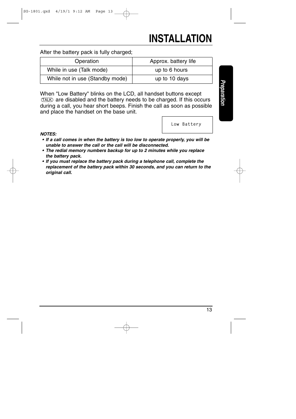 Installation, Preparation | Toshiba SG-1801 User Manual | Page 13 / 42