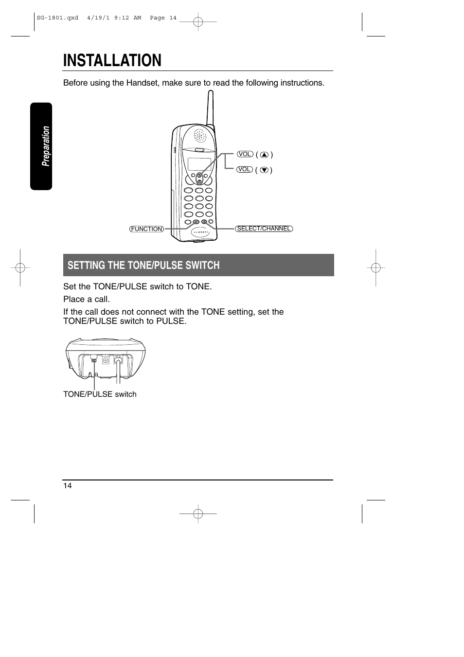 Setting the tone/pulse switch, Installation | Toshiba SG-1801 User Manual | Page 14 / 42