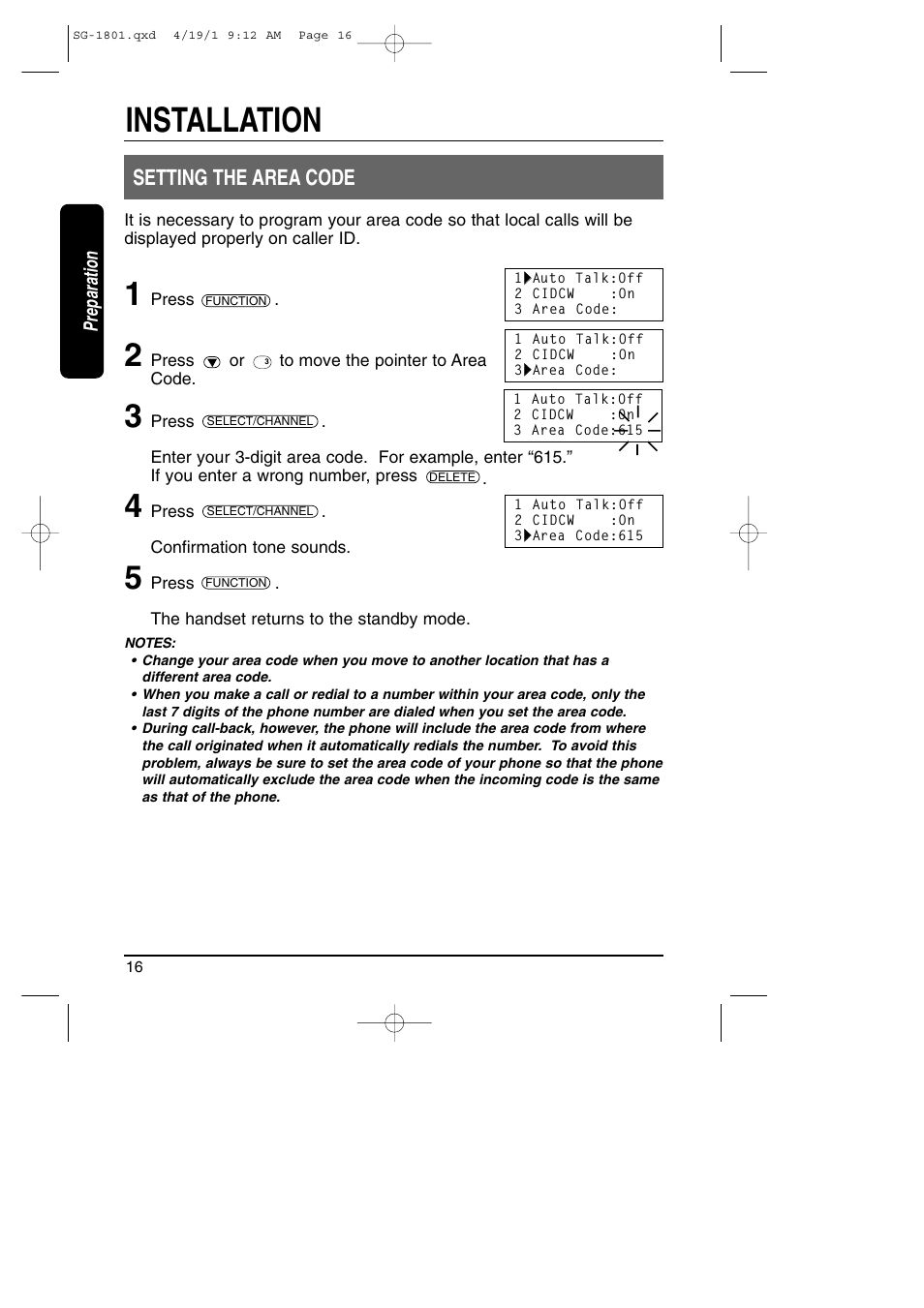 Setting the area code, Installation | Toshiba SG-1801 User Manual | Page 16 / 42
