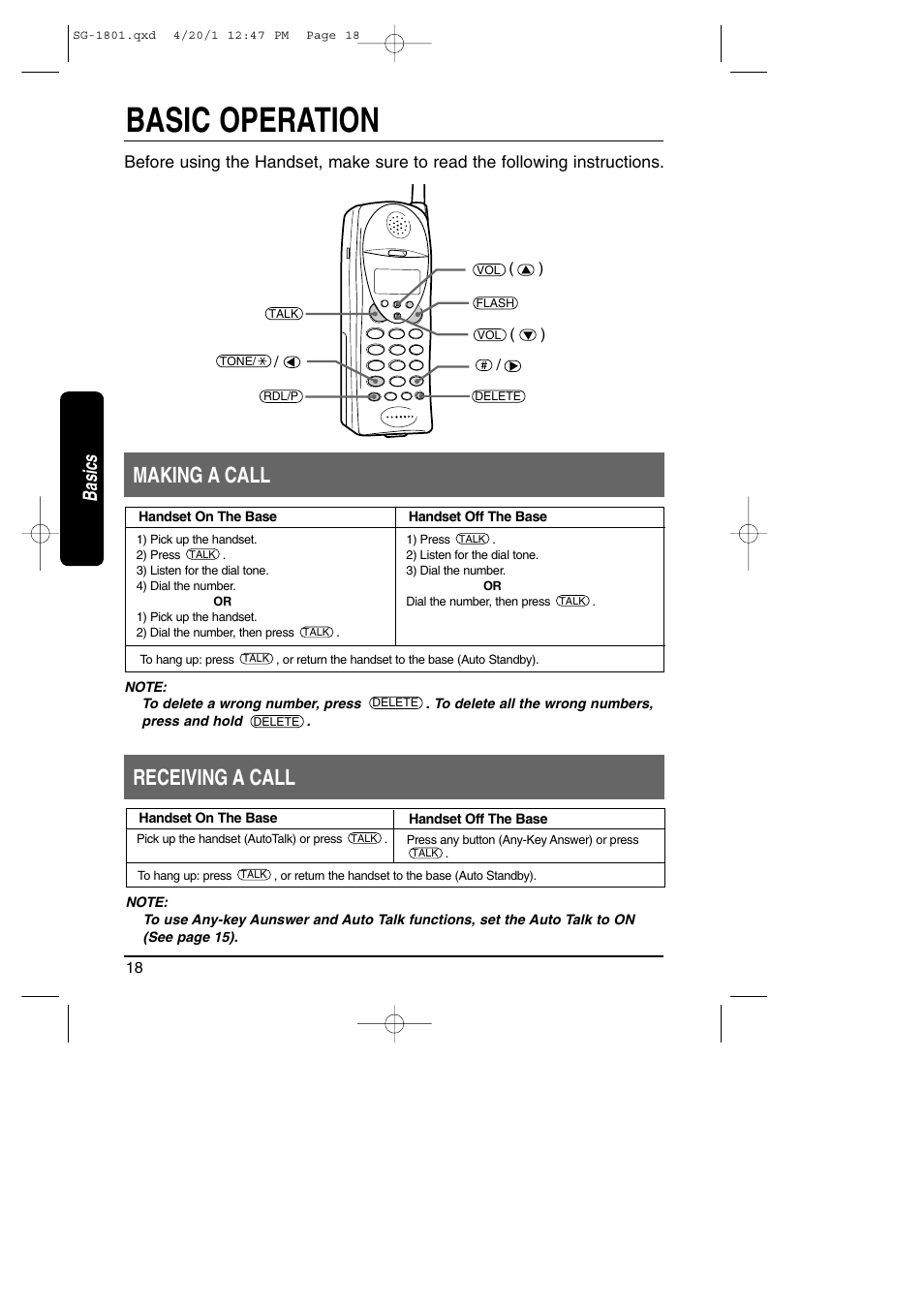 Basics, Basic operation, Making / receiving a call | Making a call receiving a call | Toshiba SG-1801 User Manual | Page 18 / 42