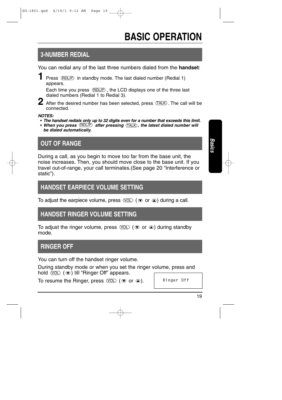 Number redial / volume setting, Basic operation, Number redial | Out of range, Handset earpiece volume setting, Handset ringer volume setting, Ringer off | Toshiba SG-1801 User Manual | Page 19 / 42