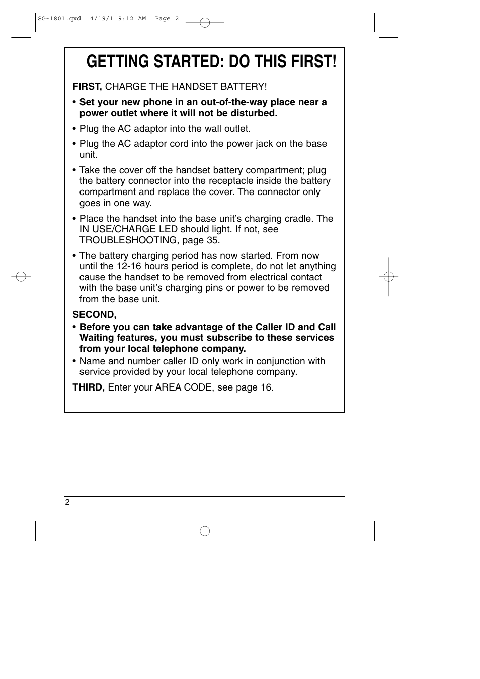 Getting started, Getting started: do this first | Toshiba SG-1801 User Manual | Page 2 / 42