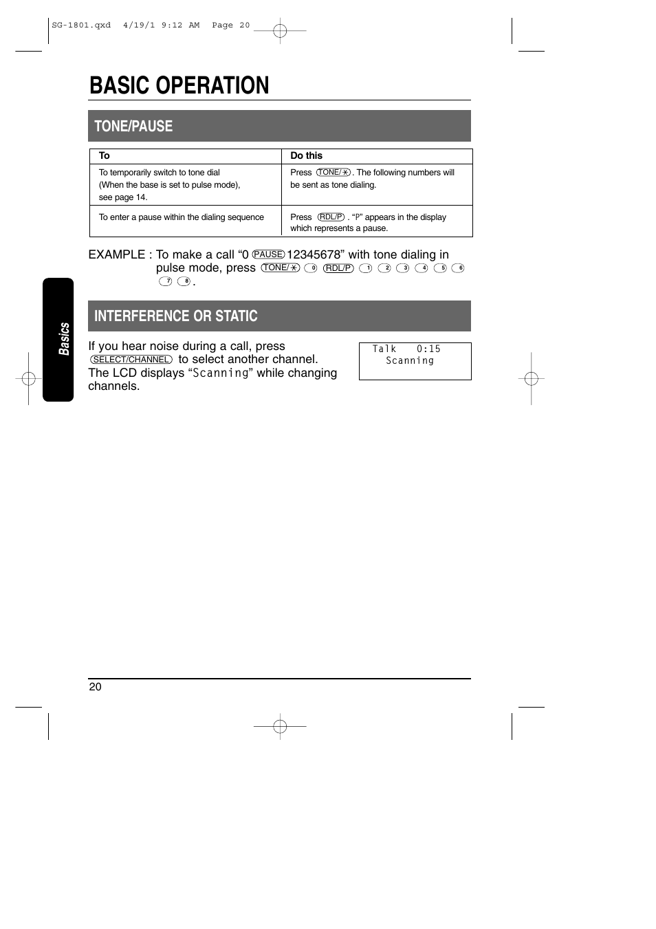 Tone/pause - interference or static, Basic operation, Tone/pause | Interference or static, Basics | Toshiba SG-1801 User Manual | Page 20 / 42