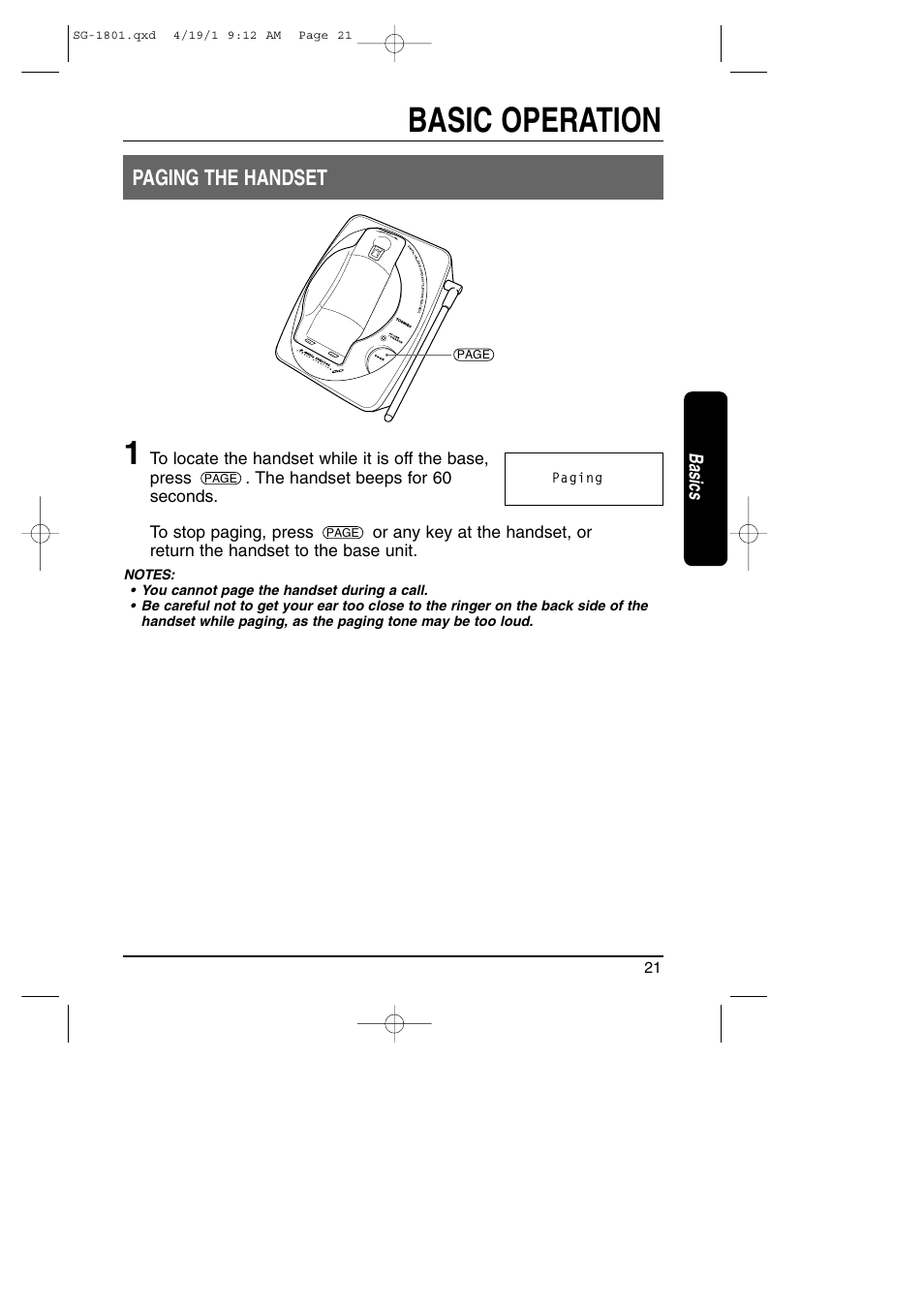 Paging handset, Basic operation, Paging the handset | Toshiba SG-1801 User Manual | Page 21 / 42
