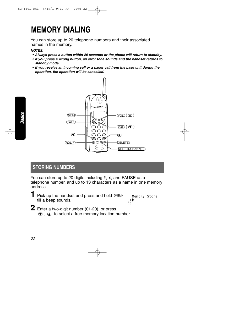 Memory dialing, Storing numbers, Basics | Toshiba SG-1801 User Manual | Page 22 / 42