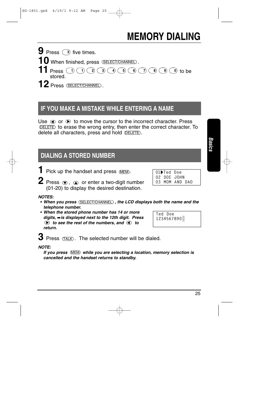 Dialing a stored number, If you make a mistake while entering a name | Toshiba SG-1801 User Manual | Page 25 / 42