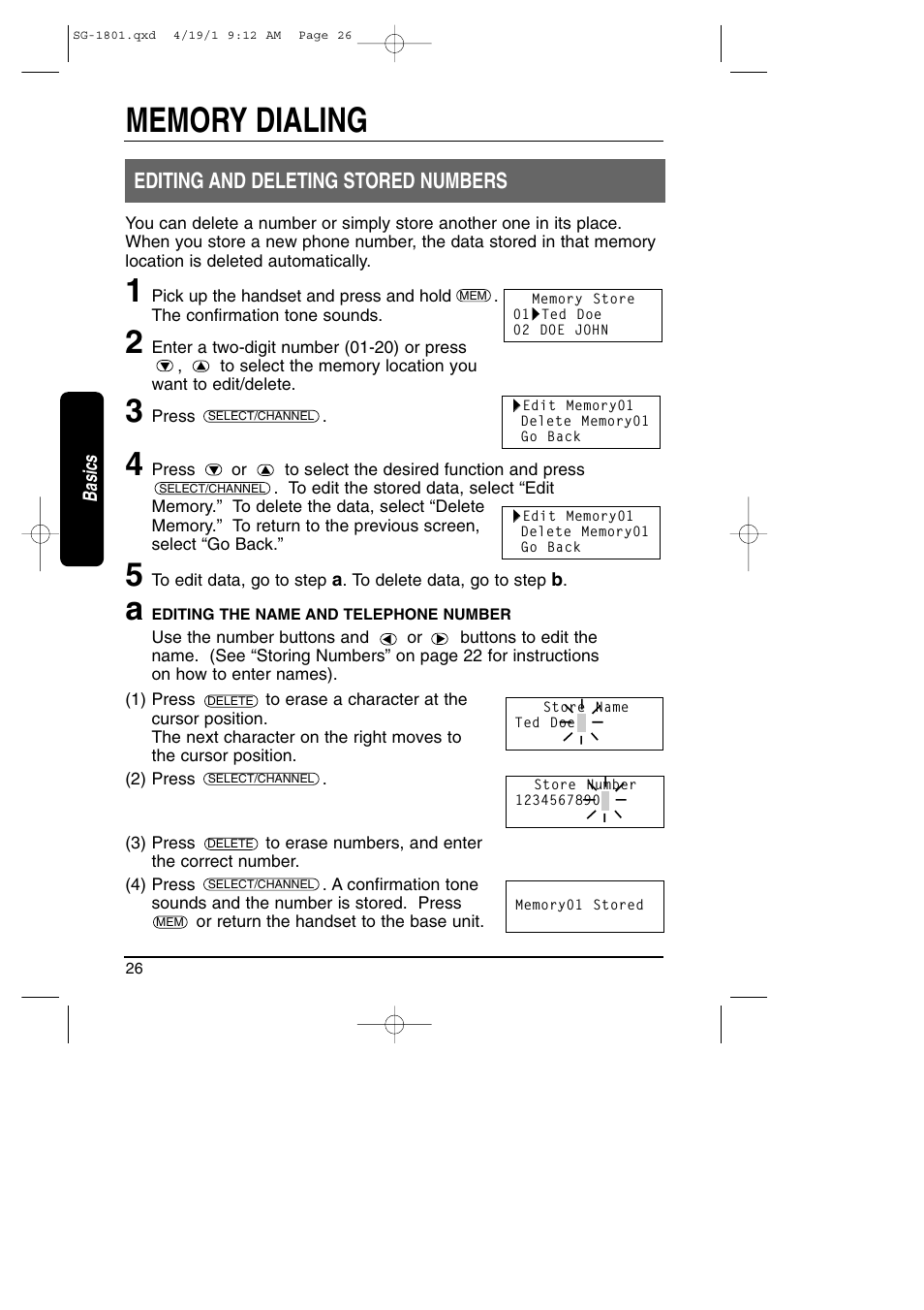 Editing & deleting stored numbers, Editing and deleting stored numbers | Toshiba SG-1801 User Manual | Page 26 / 42