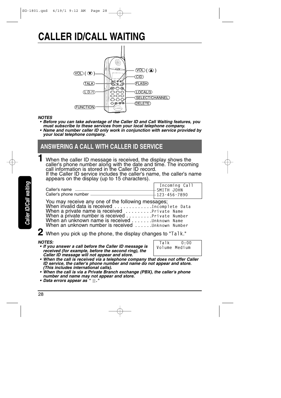 Caller id/call waiting, Aswering a call with caller id service, Answering a call with caller id service | Toshiba SG-1801 User Manual | Page 28 / 42