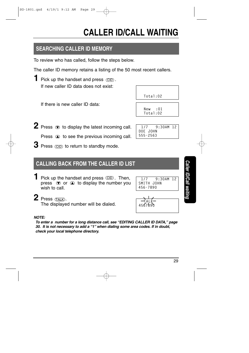 Caller id/call waiting, Calling back from the caller id list | Toshiba SG-1801 User Manual | Page 29 / 42