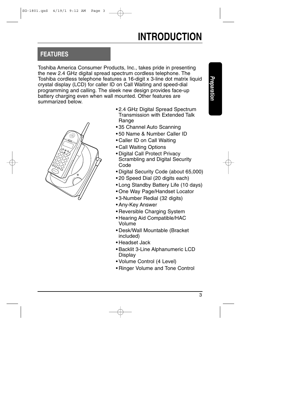 Preparation, Introduction / features, Introduction | Features | Toshiba SG-1801 User Manual | Page 3 / 42