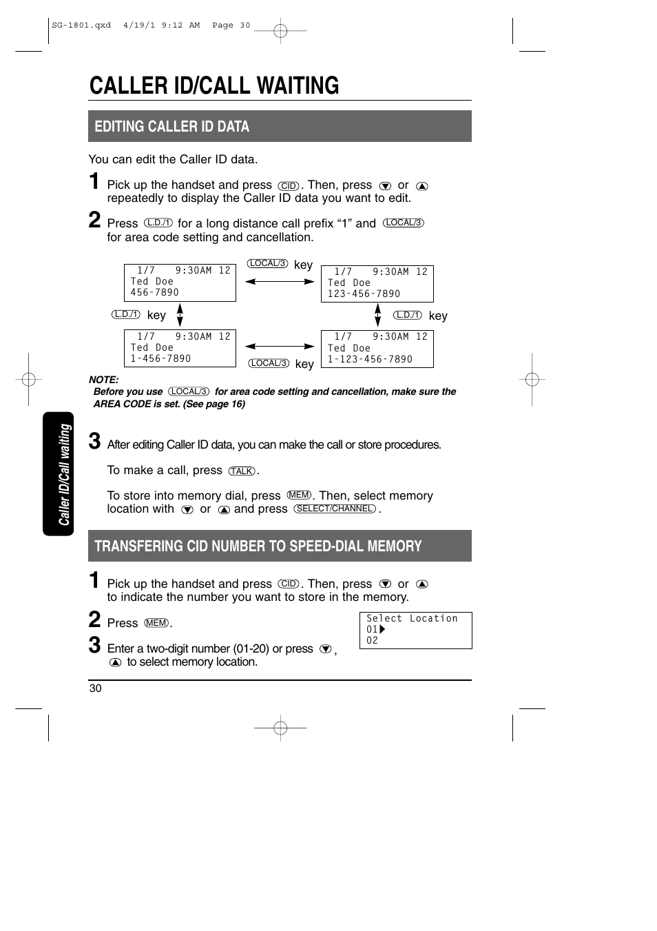 Caller id/call waiting, Editing caller id data | Toshiba SG-1801 User Manual | Page 30 / 42