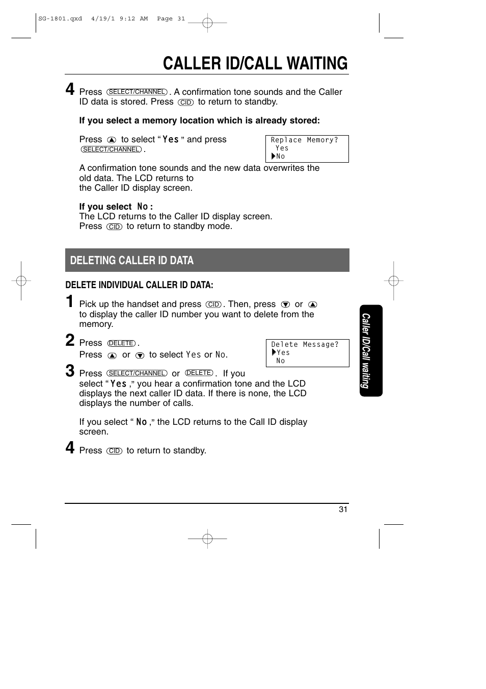 Deleting caller id data, Caller id/call waiting | Toshiba SG-1801 User Manual | Page 31 / 42