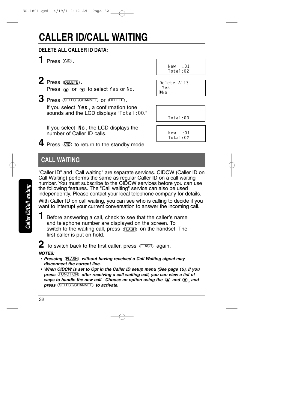 Call waiting, Caller id/call waiting | Toshiba SG-1801 User Manual | Page 32 / 42