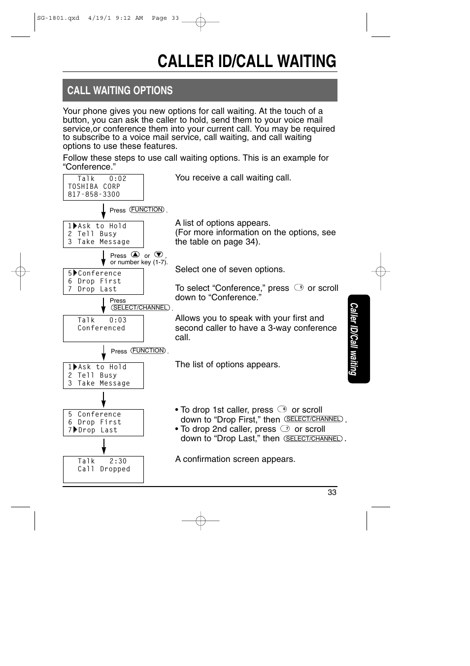 Caller id/call waiting, Call waiting options | Toshiba SG-1801 User Manual | Page 33 / 42