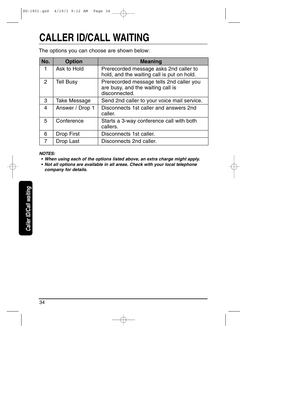 Caller id/call waiting | Toshiba SG-1801 User Manual | Page 34 / 42