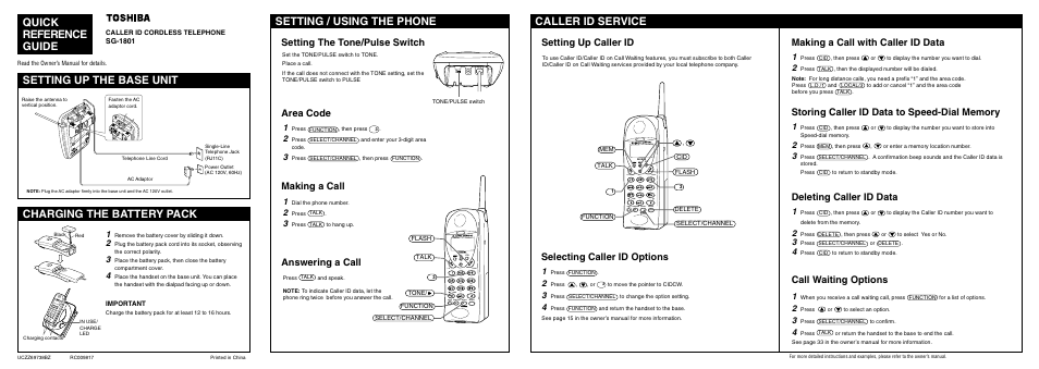 Quick reference guide, Setting up the base unit charging the battery pack, Setting / using the phone | Caller id service, Sg-1801 | Toshiba SG-1801 User Manual | Page 38 / 42