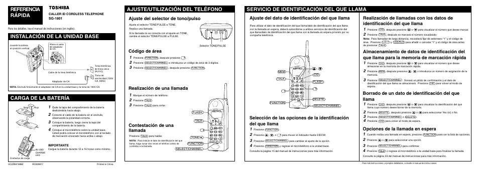 Referencia rápida, Ajuste del selector de tono/pulso, Sg-1801 | Toshiba SG-1801 User Manual | Page 39 / 42