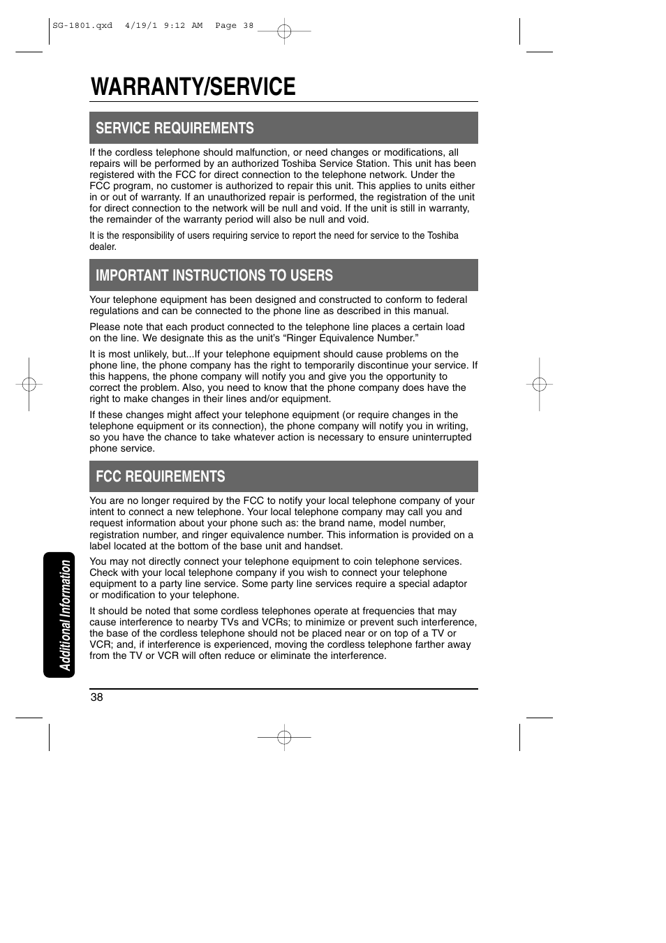 Warranty / service, Warranty/service, Service requirements | Important instructions to users, Fcc requirements | Toshiba SG-1801 User Manual | Page 40 / 42