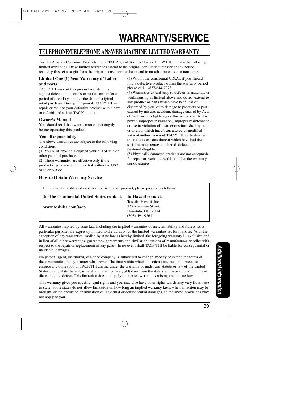 Warranty/service, Additional information | Toshiba SG-1801 User Manual | Page 41 / 42