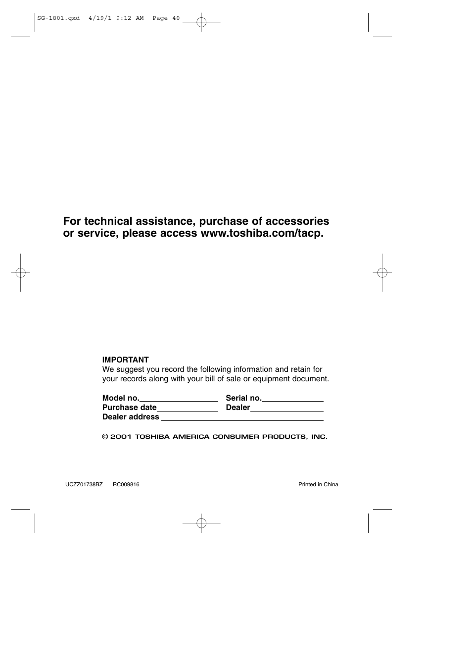 Back cover | Toshiba SG-1801 User Manual | Page 42 / 42