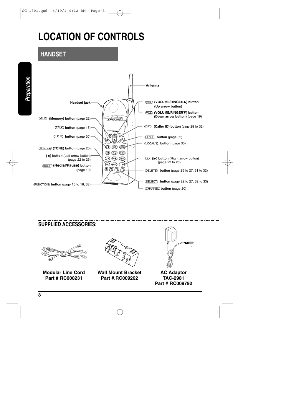 Location of controls, Handset, Preparation | Supplied accessories | Toshiba SG-1801 User Manual | Page 8 / 42