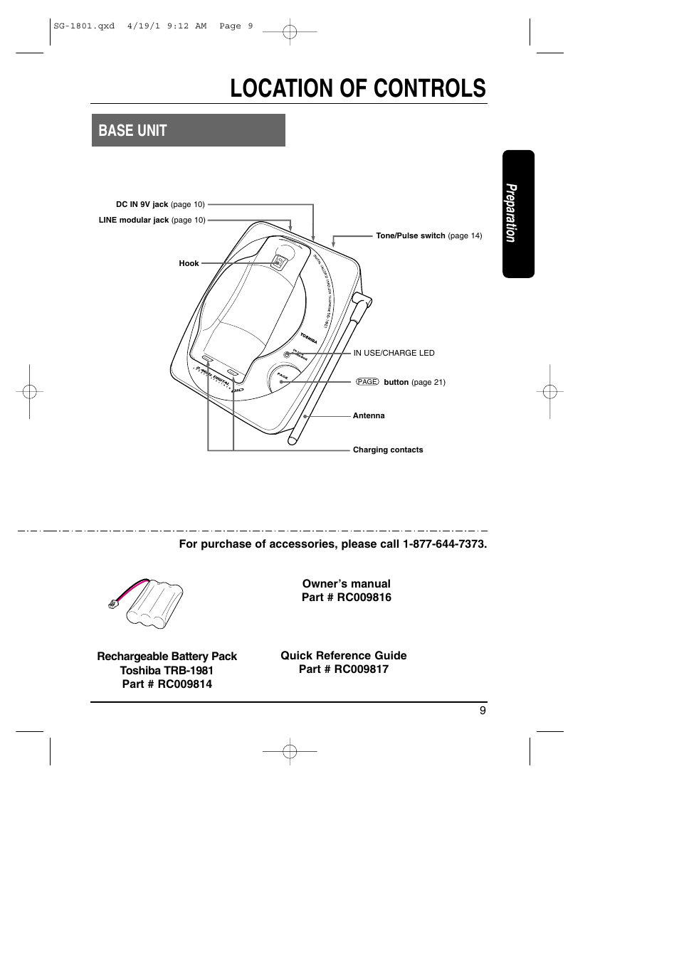 Location of controls, Base unit, Preparation | Toshiba SG-1801 User Manual | Page 9 / 42