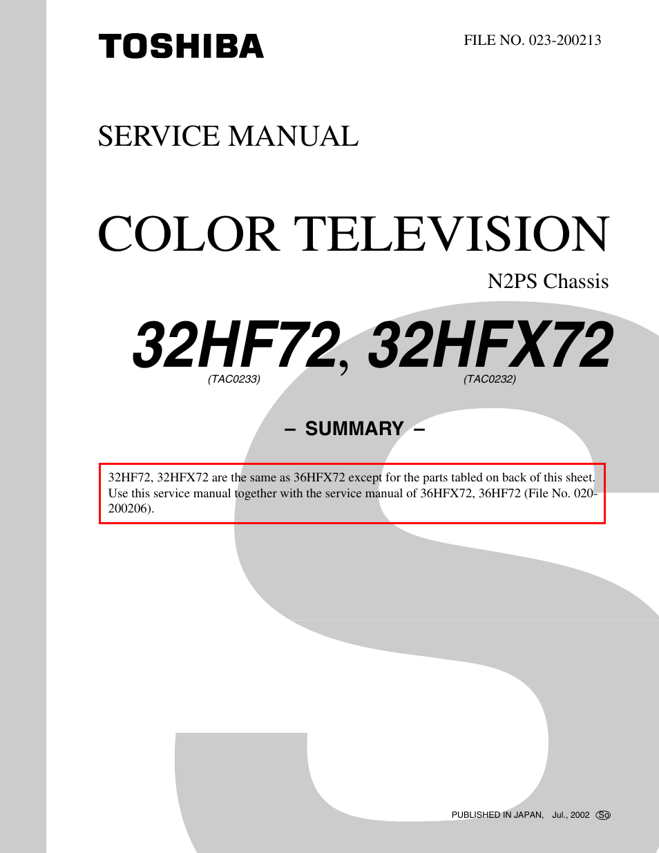 Toshiba N2PS CHASSIS 32HFX72 User Manual | 111 pages