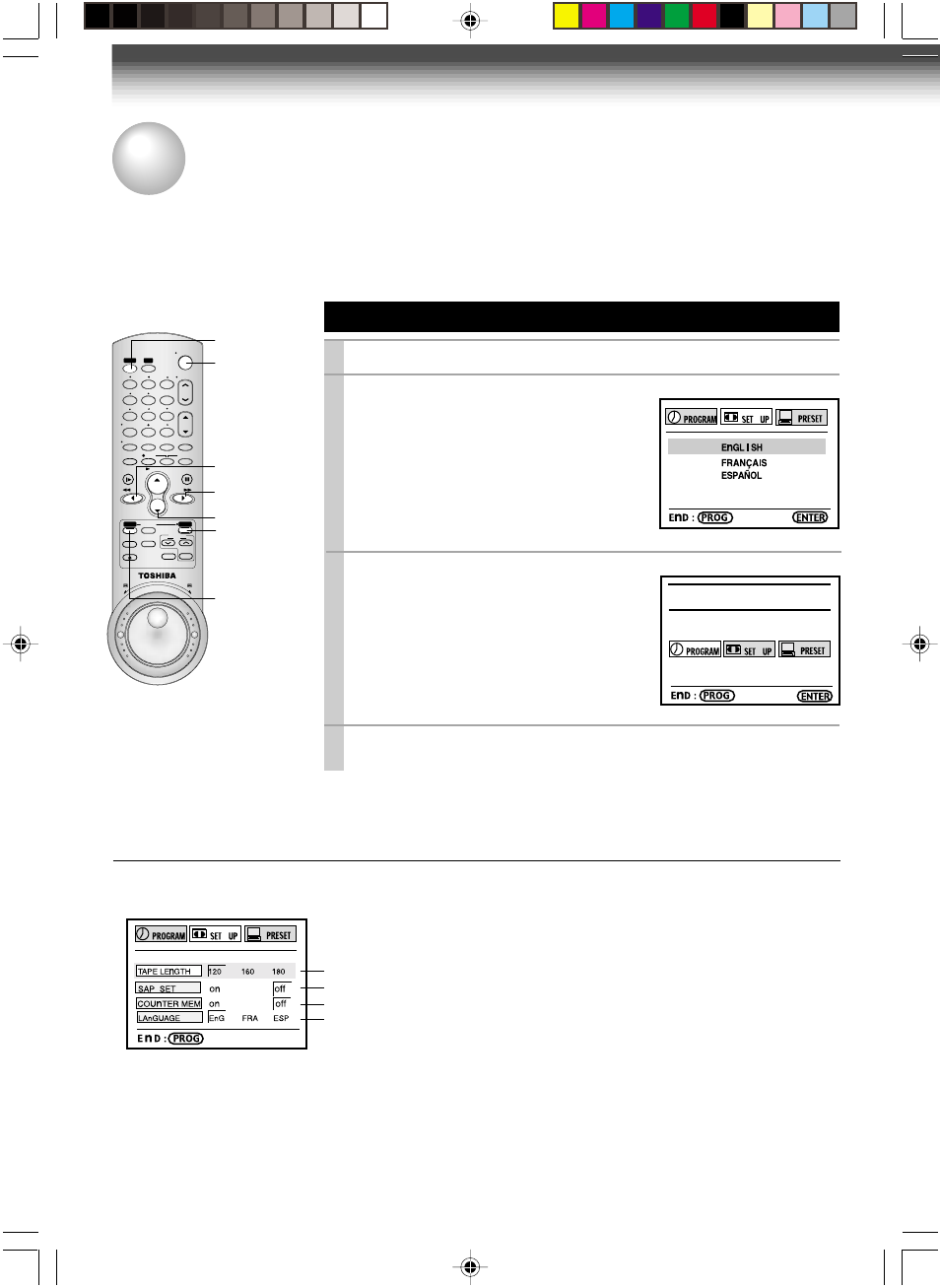 Initial settings using on-screen display, Setting the language, 14 optional settings on the set up screen | Press power to turn on the vcr, Press prog, Press prog. to return to the normal tv screen, The following screen appears on the tv, The screen turns to the menu screen | Toshiba W-727 User Manual | Page 14 / 46