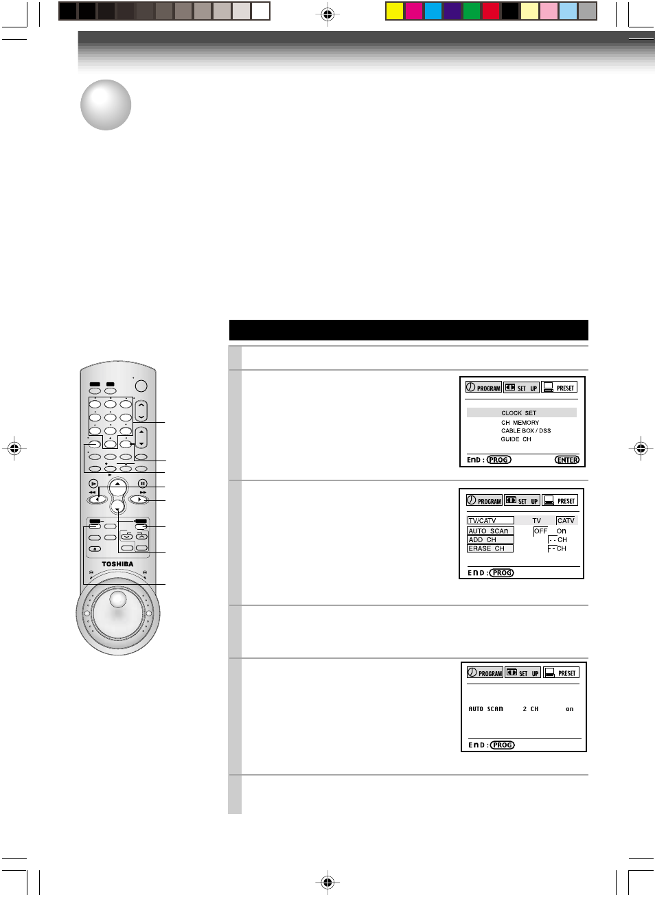 Storing channels on the vcr, Incoming antenna/cable(catv) signals, Press prog . to display the menu screen | Select “preset” using ff or rew , and press enter, Set “tv/catv“ to “tv” or “catv” using ff or rew, Press prog. twice to exit | Toshiba W-727 User Manual | Page 16 / 46