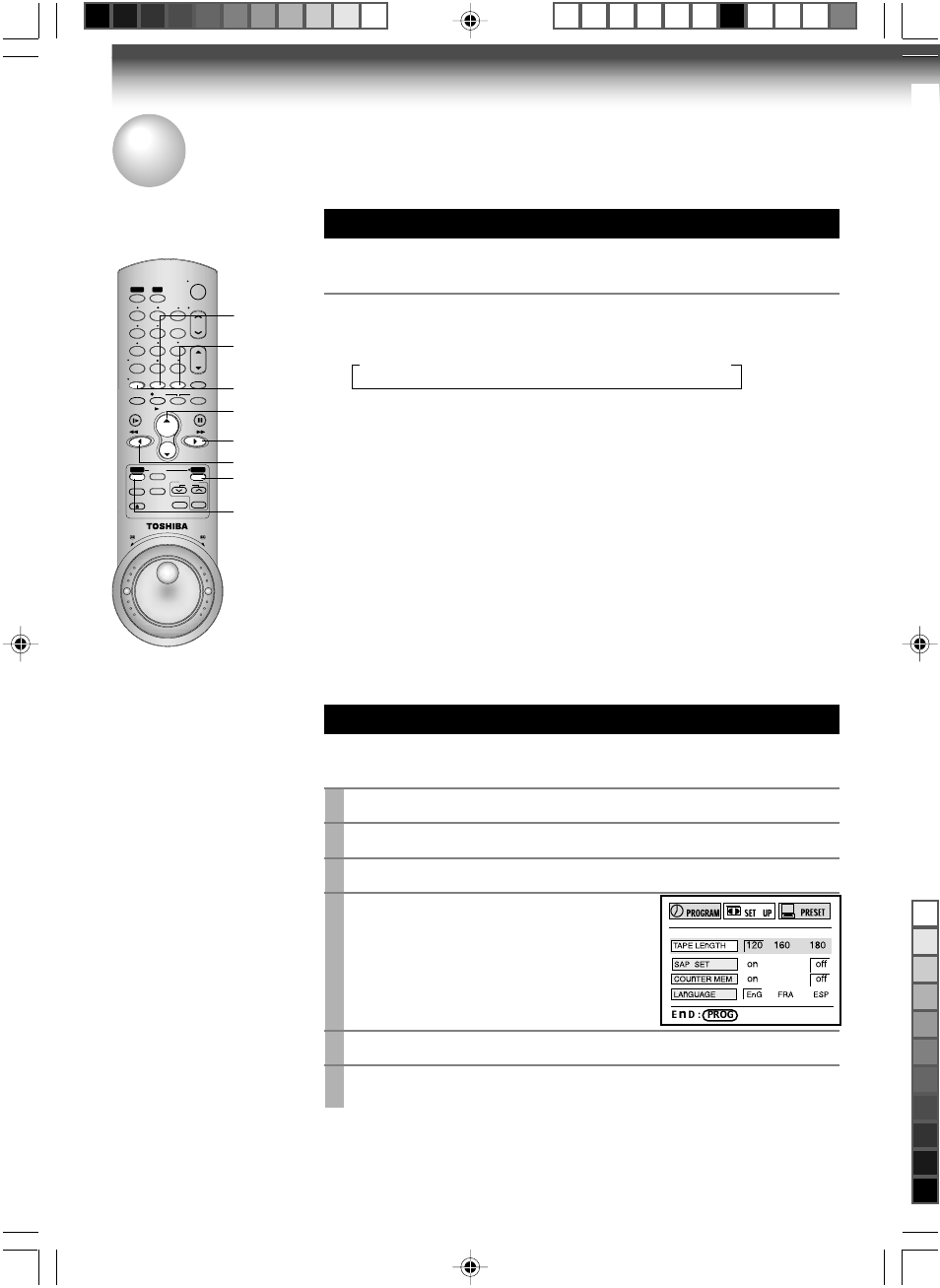Useful functions in tape operation, Tape remaining time, Counter function | Turn on the vcr and load a cassette, Press prog. to display the menu screen, Select “set up” using ff or rew , and press enter, Select the length of the tape, using ff or rew, Press prog. once to exit, Press remain/counter | Toshiba W-727 User Manual | Page 22 / 46